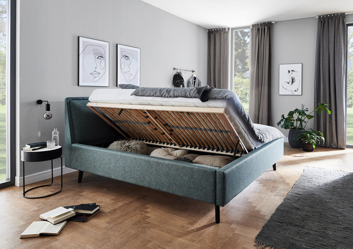 POLSTERBETT FRIEDA Bettkasten, Lattenroste 180/200 cm  in Blau  - Blau/Schwarz, KONVENTIONELL, Holz/Textil (180/200cm) - Livetastic