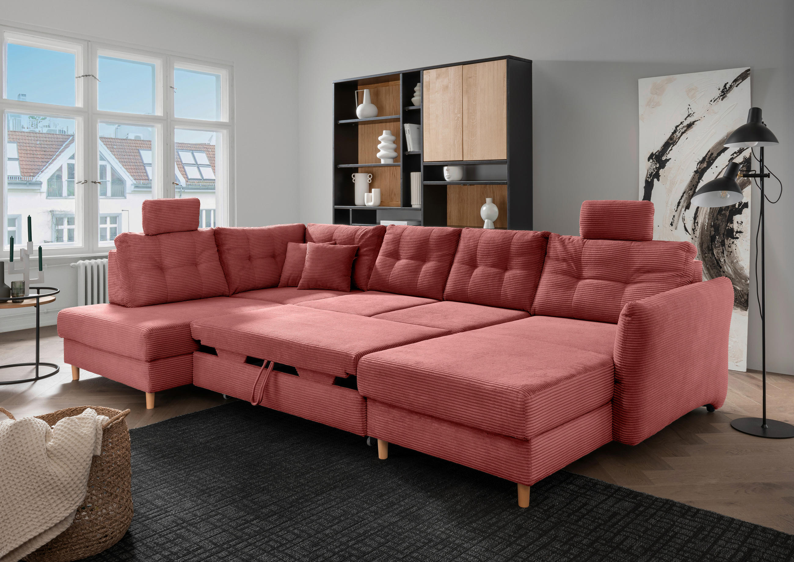 WOHNLANDSCHAFT in Cord Koralle  - Koralle/Naturfarben, Modern, Holz/Textil (206/338-352/176cm) - Livetastic
