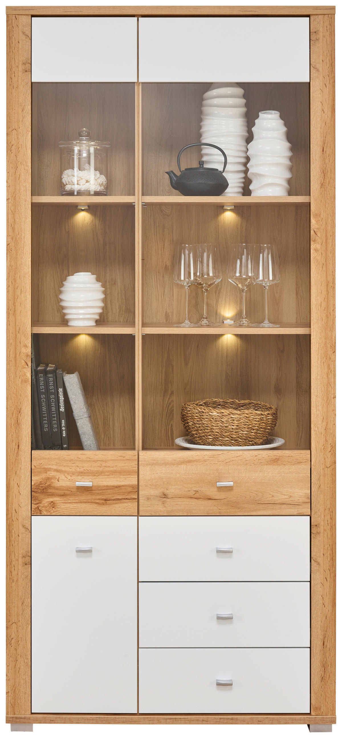 VITRINE in Weiß, Eichefarben  - Chromfarben/Eichefarben, KONVENTIONELL, Glas/Holzwerkstoff (86/193/38cm) - Ti'me