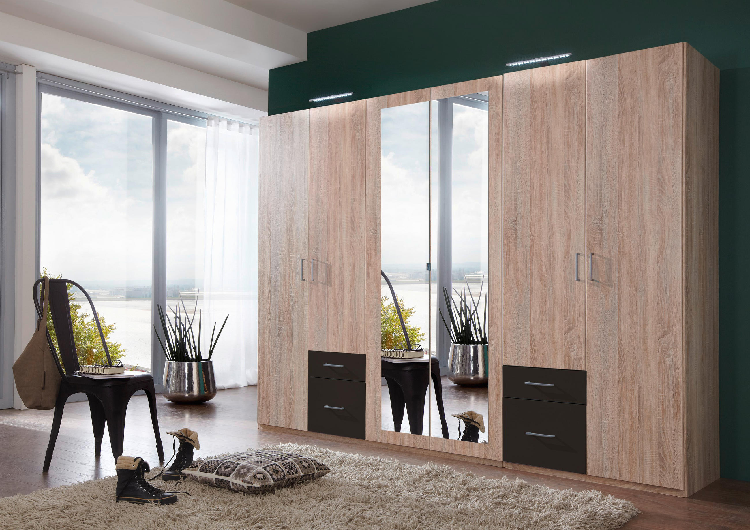 DREHTÜRENSCHRANK 270/210/58 cm 6-türig - Eichefarben/Silberfarben, Design, Glas/Holzwerkstoff (270/210/58cm) - MID.YOU
