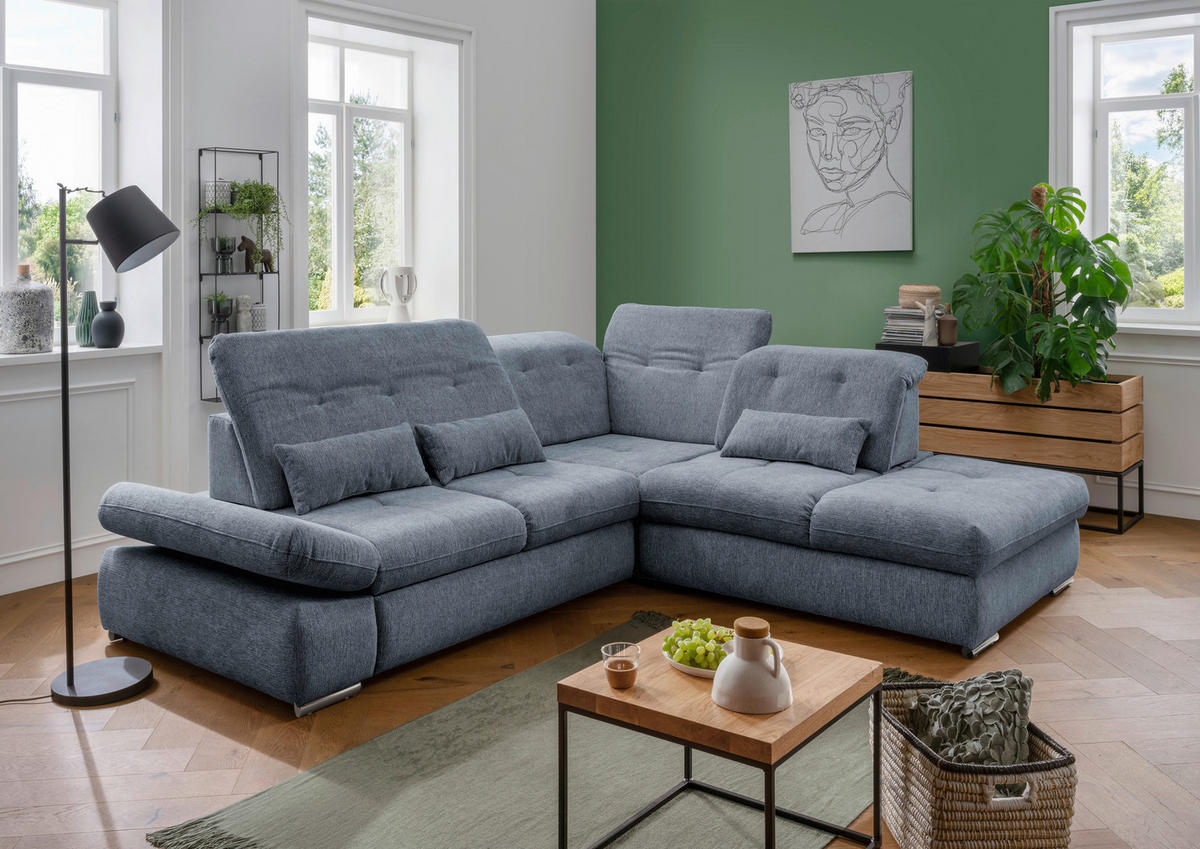 ECKSOFA Blau Chenille  - Chromfarben/Blau, Design, Textil/Metall (280/254cm) - Livetastic
