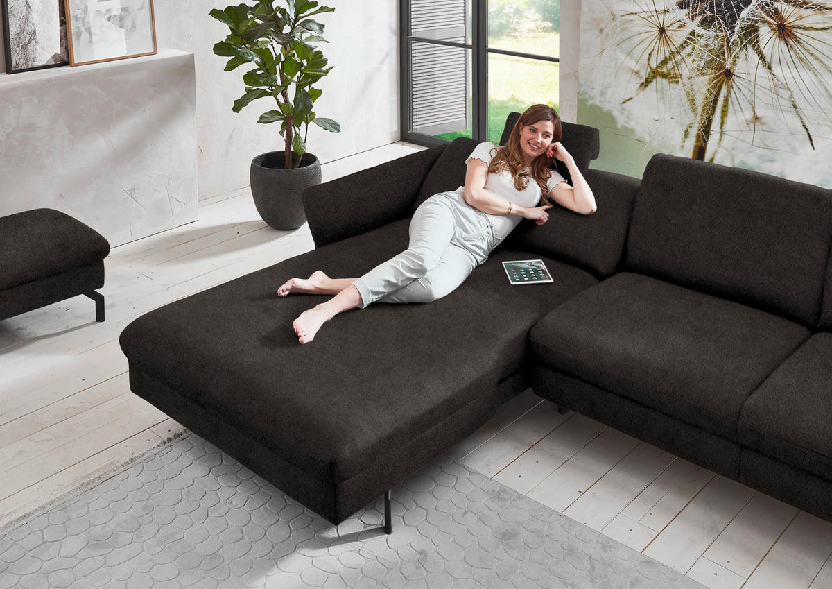 ECKSOFA in Velours Dunkelbraun  - Dunkelbraun/Schwarz, Design, Textil/Metall (179/306cm) - Beldomo System