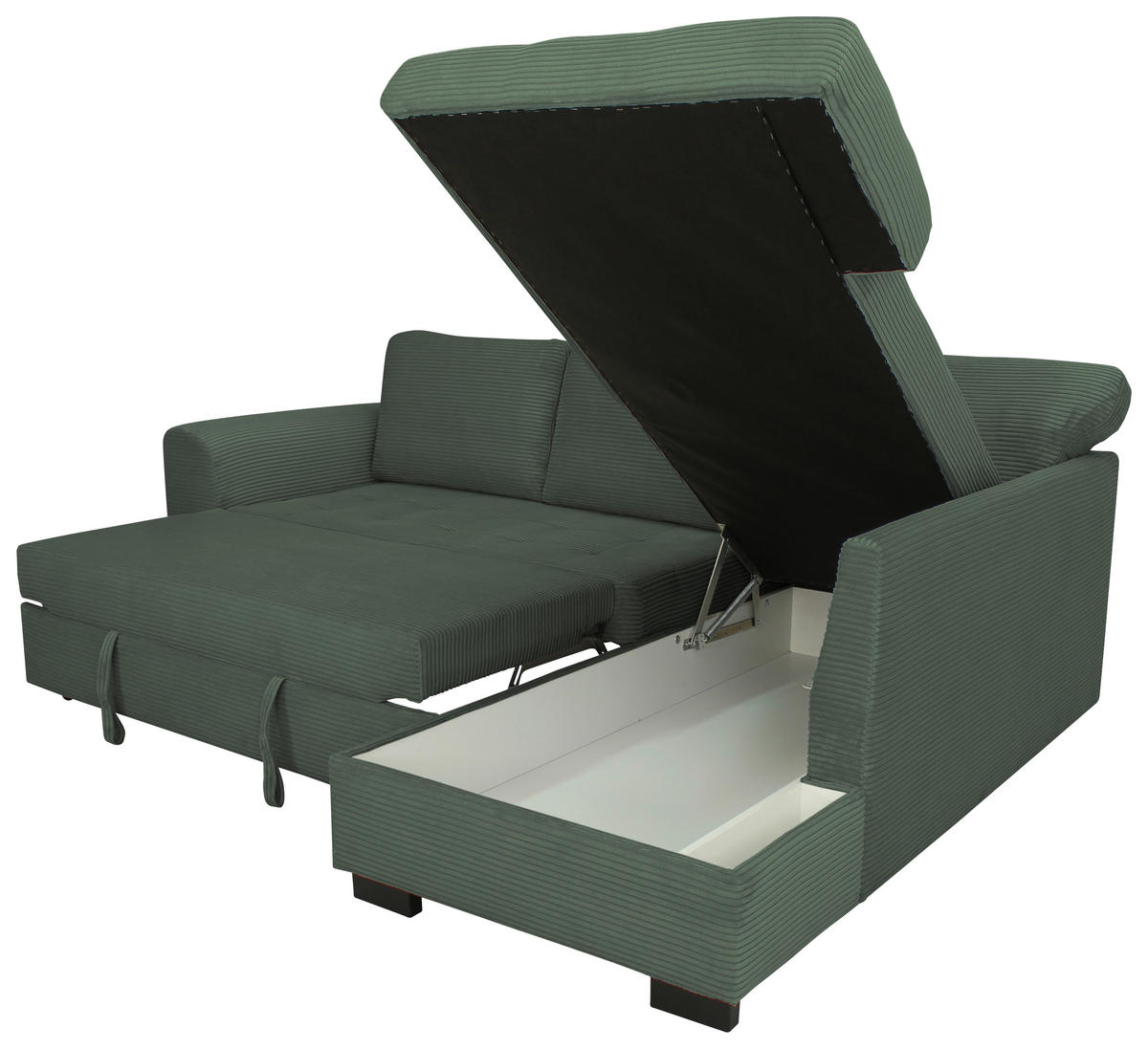 ECKSOFA JOHN Grün Cord Rückenkissen, Bettkasten, Liegefläche im Originalstoff  - Schwarz/Grün, Trend, Kunststoff/Textil (239/178cm) - P & B