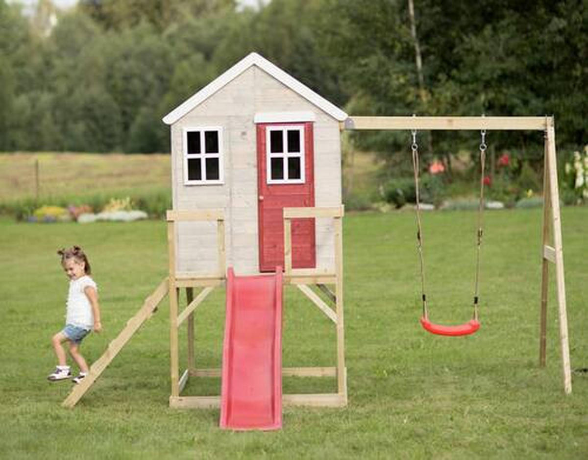 SPIELHAUS 350/242/290 cm  - Rot/Naturfarben, KONVENTIONELL, Holz (350/242/290cm) - Ambia Garden