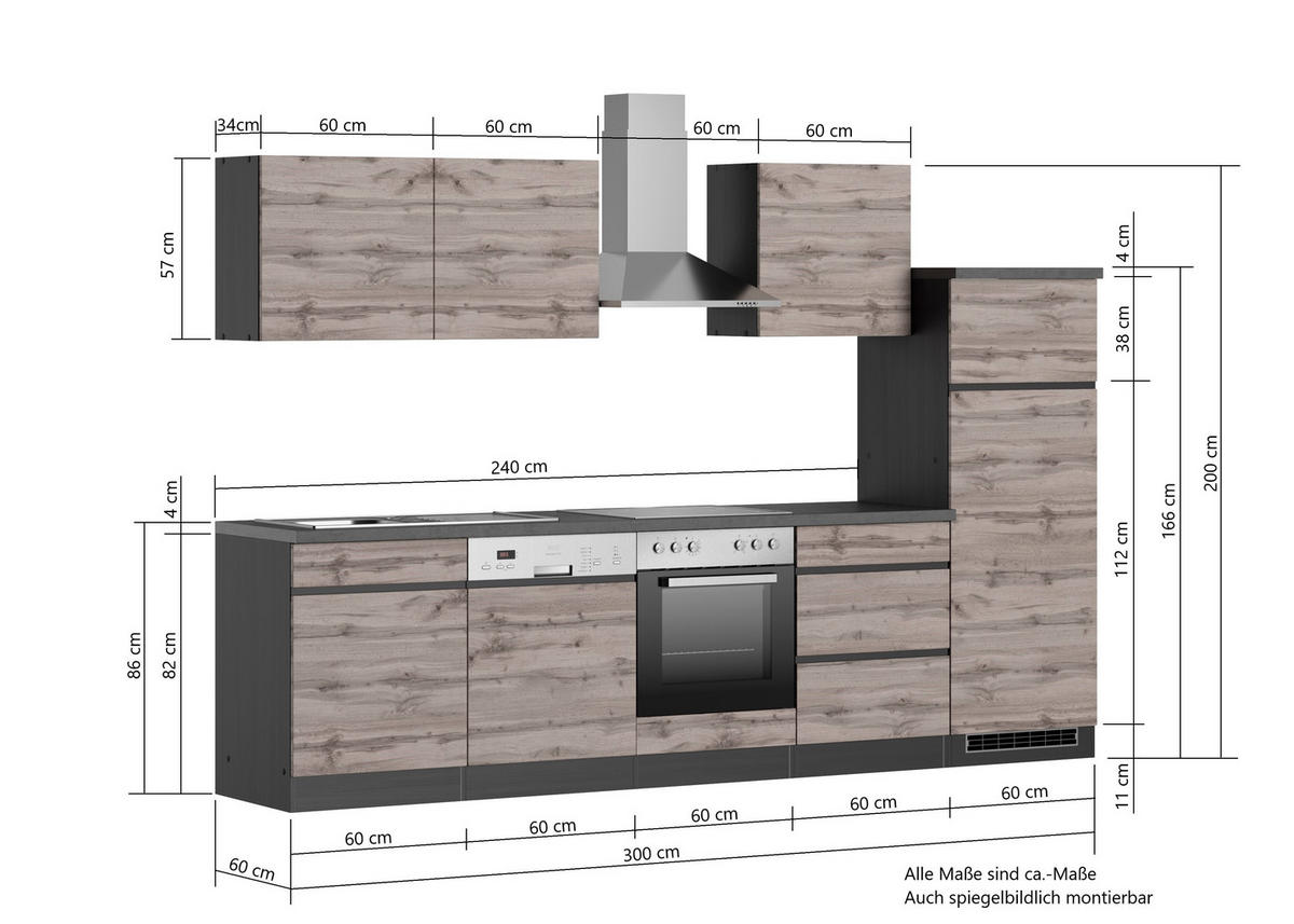 KÜCHENBLOCK 300 cm   in Graphitfarben, Eiche Wotan  - Eiche Wotan/Graphitfarben, Design, Holzwerkstoff (300cm) - Held