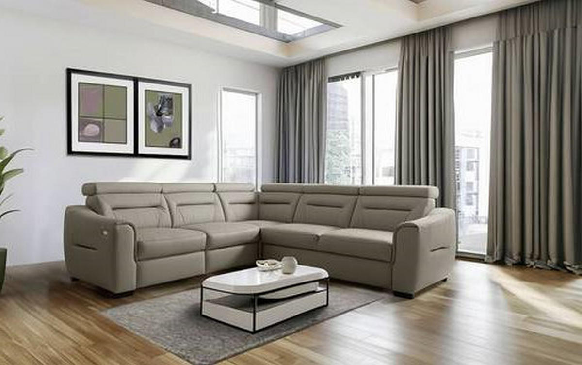 ECKSOFA Schlammfarben Echtleder Lederlook Schlaffunktion, Rücken echt, Relaxfunktion, Kopfteilverstellung  - Wengefarben/Schlammfarben, Design, Leder/Holz (260/260cm) - Celina Home