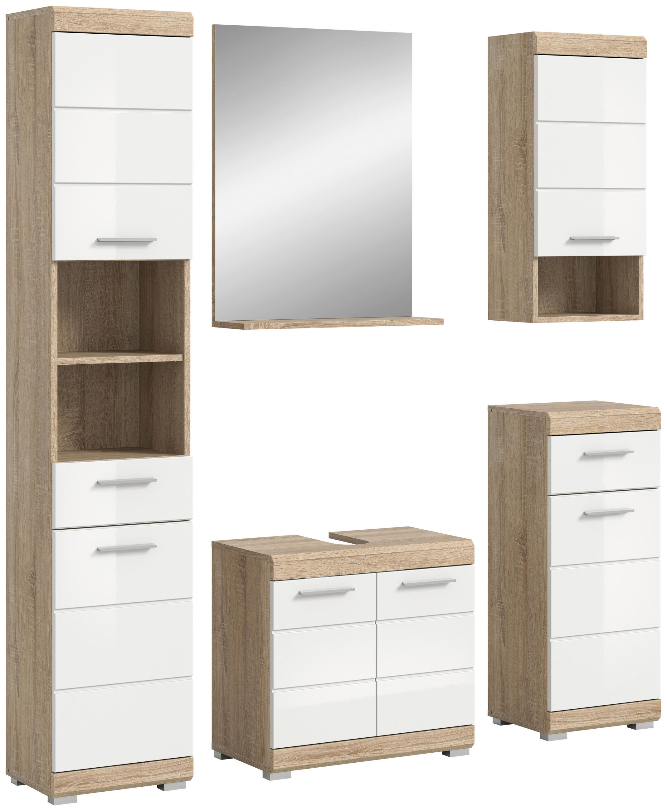 BADEZIMMER 5-teilig  in 134 cm  - Weiß Hochglanz/Silberfarben, MODERN, Glas/Holzwerkstoff (134cm) - MID.YOU