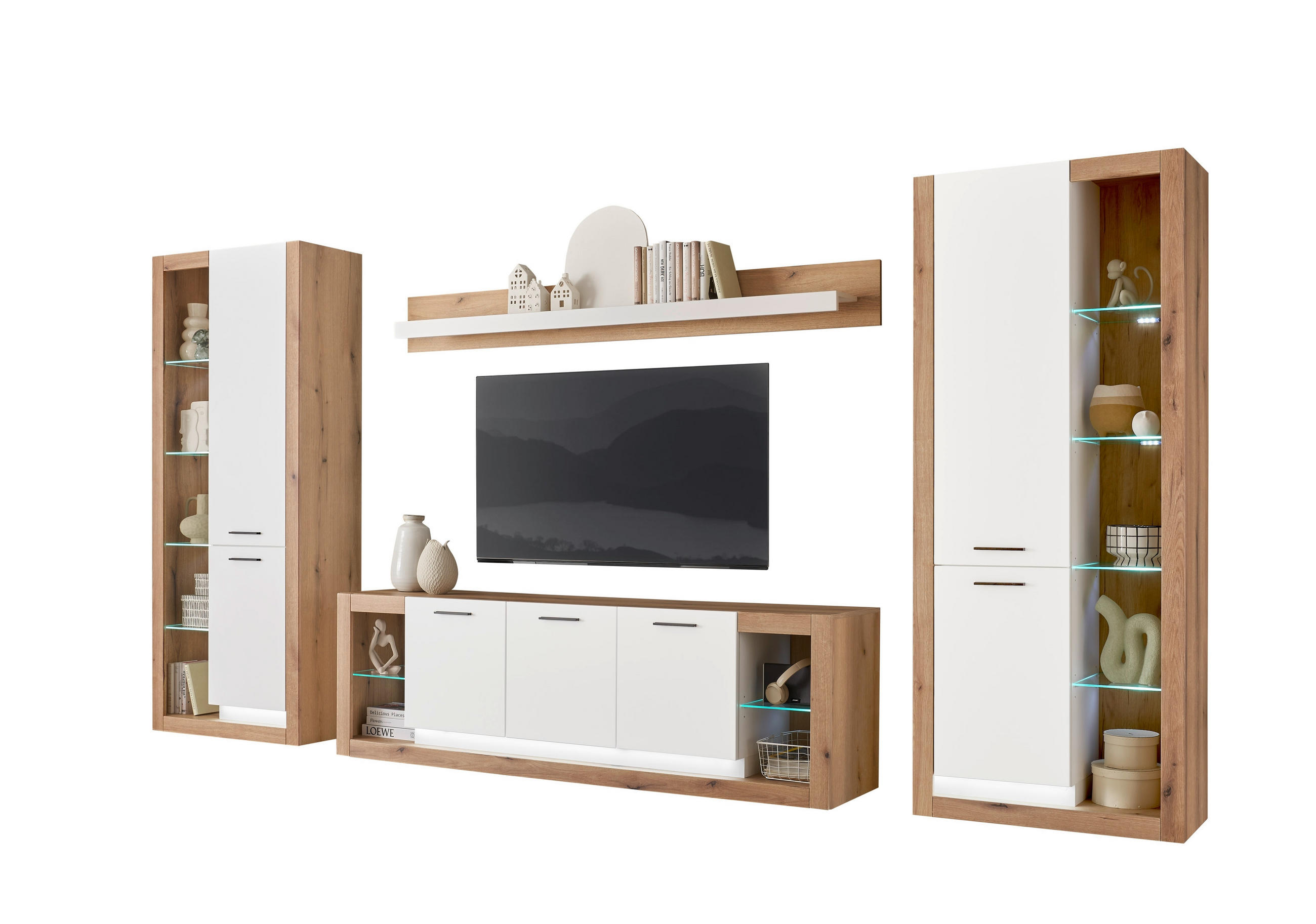 WOHNWAND 4-teilig  in Weiß, Eichefarben  398/195/43 cm  - Eichefarben/Schwarz, Design, Glas/Holzwerkstoff (398/195/43cm) - MID.YOU