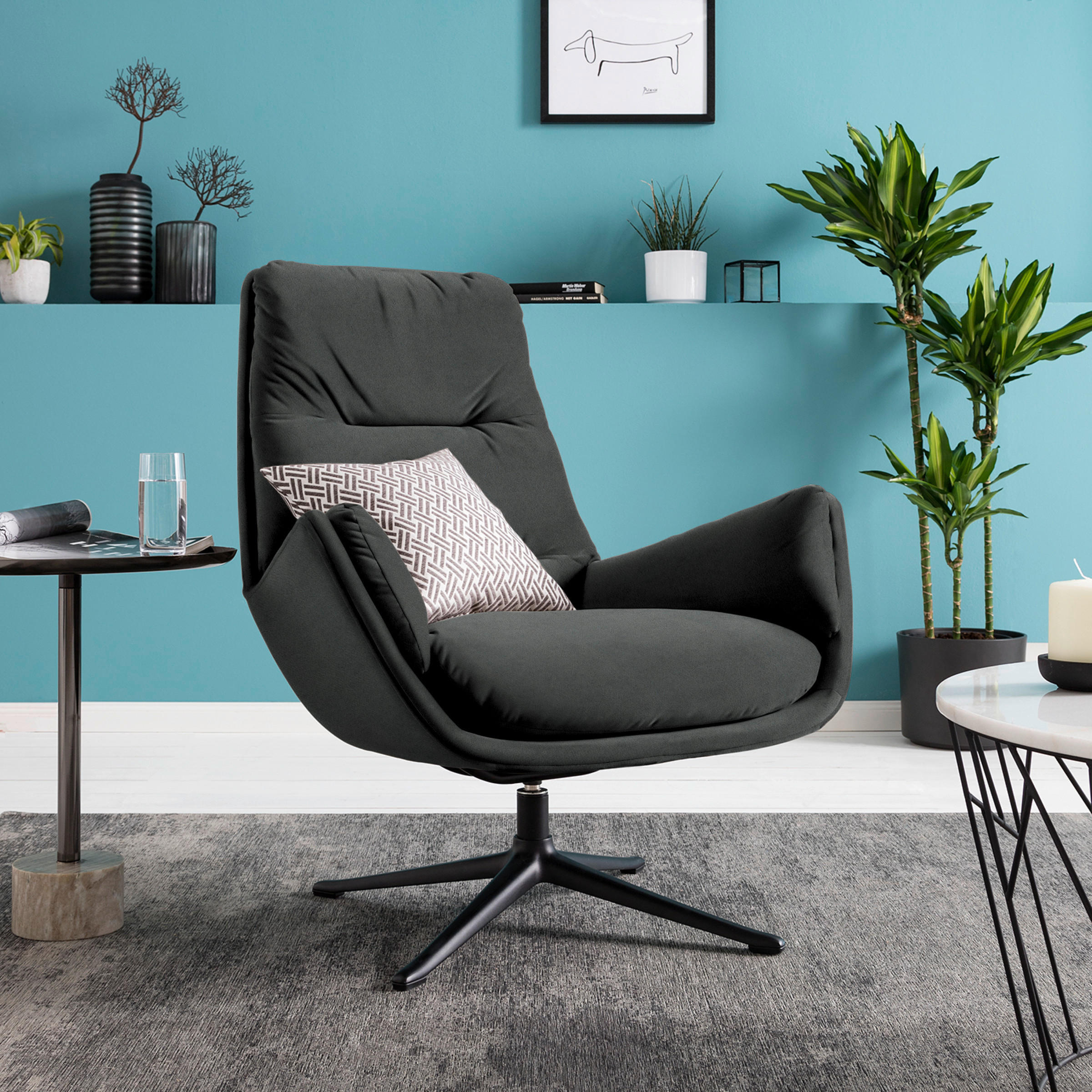 SESSEL in Samt Dunkelgrau  - Dunkelgrau/Schwarz, Design, Textil/Metall (83/94/97cm) - home24