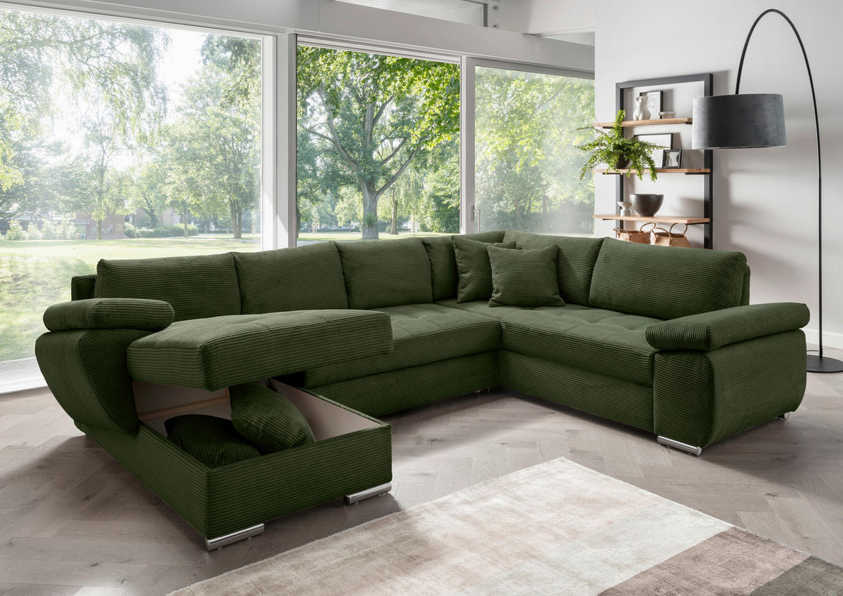 WOHNLANDSCHAFT Dunkelgrün Cord  - Chromfarben/Dunkelgrün, KONVENTIONELL, Textil/Metall (157/305/219cm) - Livetastic
