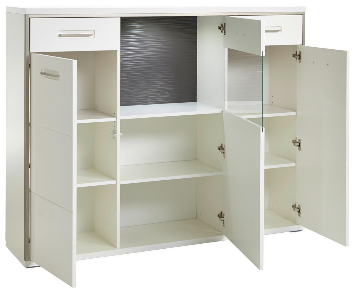 HIGHBOARD ohne Beleuchtung, Accra  in 153/121/45 cm  - Weiß Hochglanz/Silberfarben, Design, Glas/Holzwerkstoff (153/121/45cm) - Livetastic