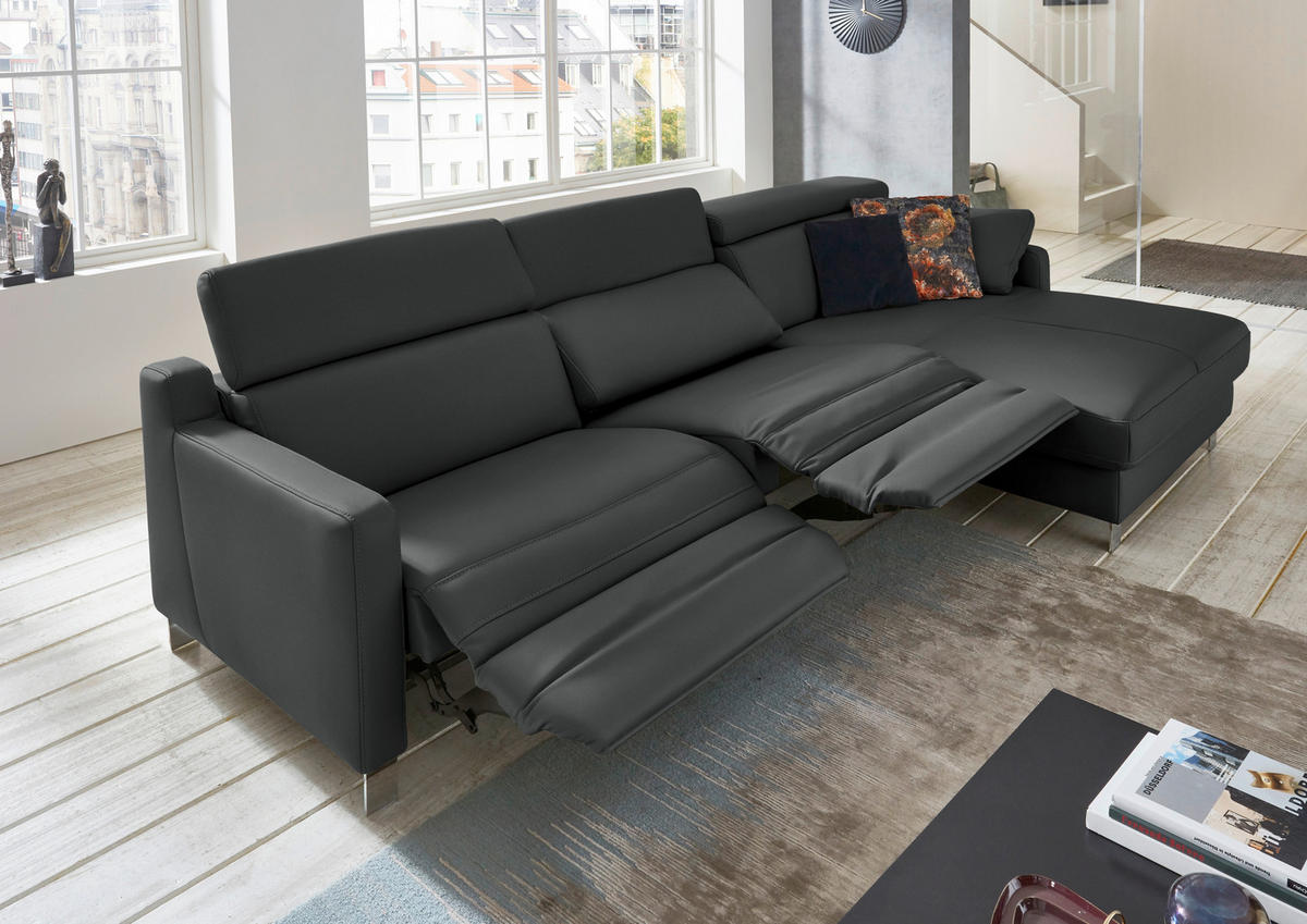 ECKSOFA Echtleder Anthrazit  - Chromfarben/Anthrazit, Design, Leder/Metall (291/176cm) - Valdera