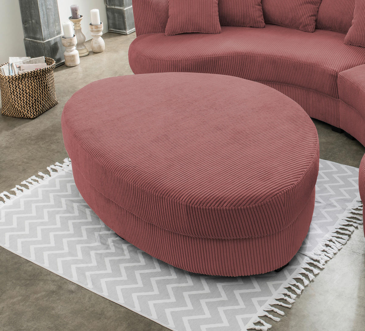 Wohnlandschaft inkl. Hocker Koralle Cord  - Koralle/Schwarz, Design, Kunststoff/Textil (300/160cm) - Livetastic
