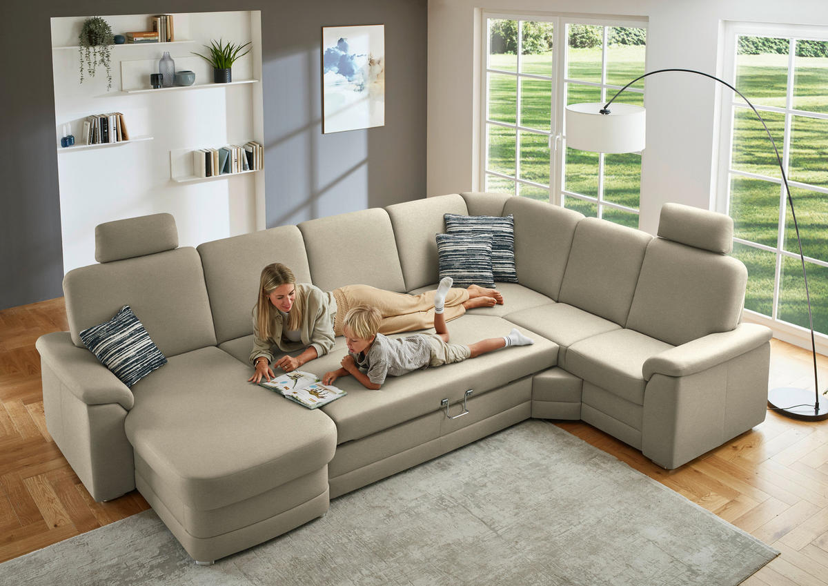 WOHNLANDSCHAFT  in Chenille Sandfarben  - Sandfarben/Alufarben, KONVENTIONELL, Holz/Textil (160/329/235cm) - Beldomo Comfort