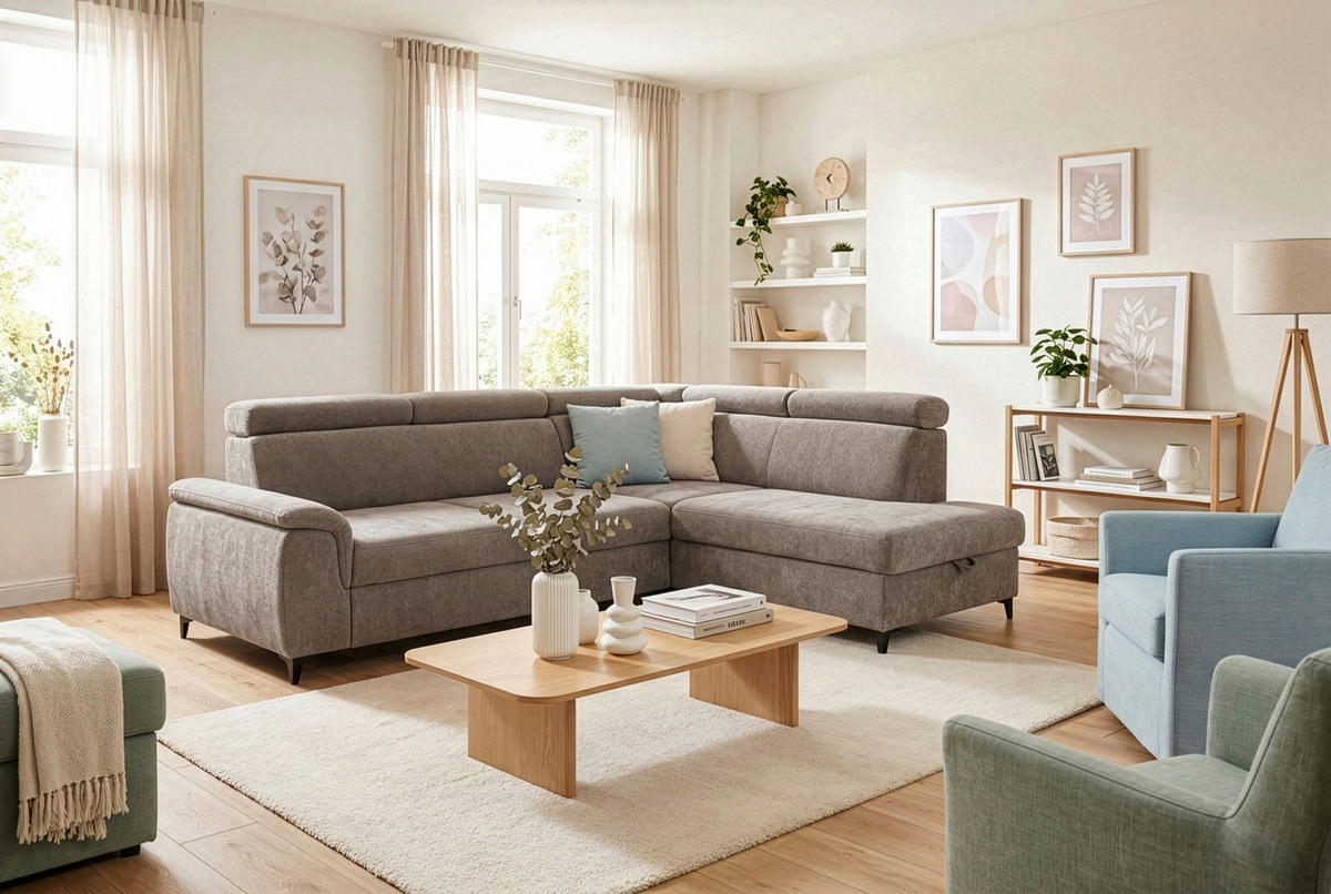 ECKSOFA Taupe Chenille Bettkasten, Schlaffunktion, Rücken echt, Kopfteilverstellung, Liegefläche im Originalstoff  - Taupe/Schwarz, KONVENTIONELL, Textil/Metall (265/206cm) - Carryhome