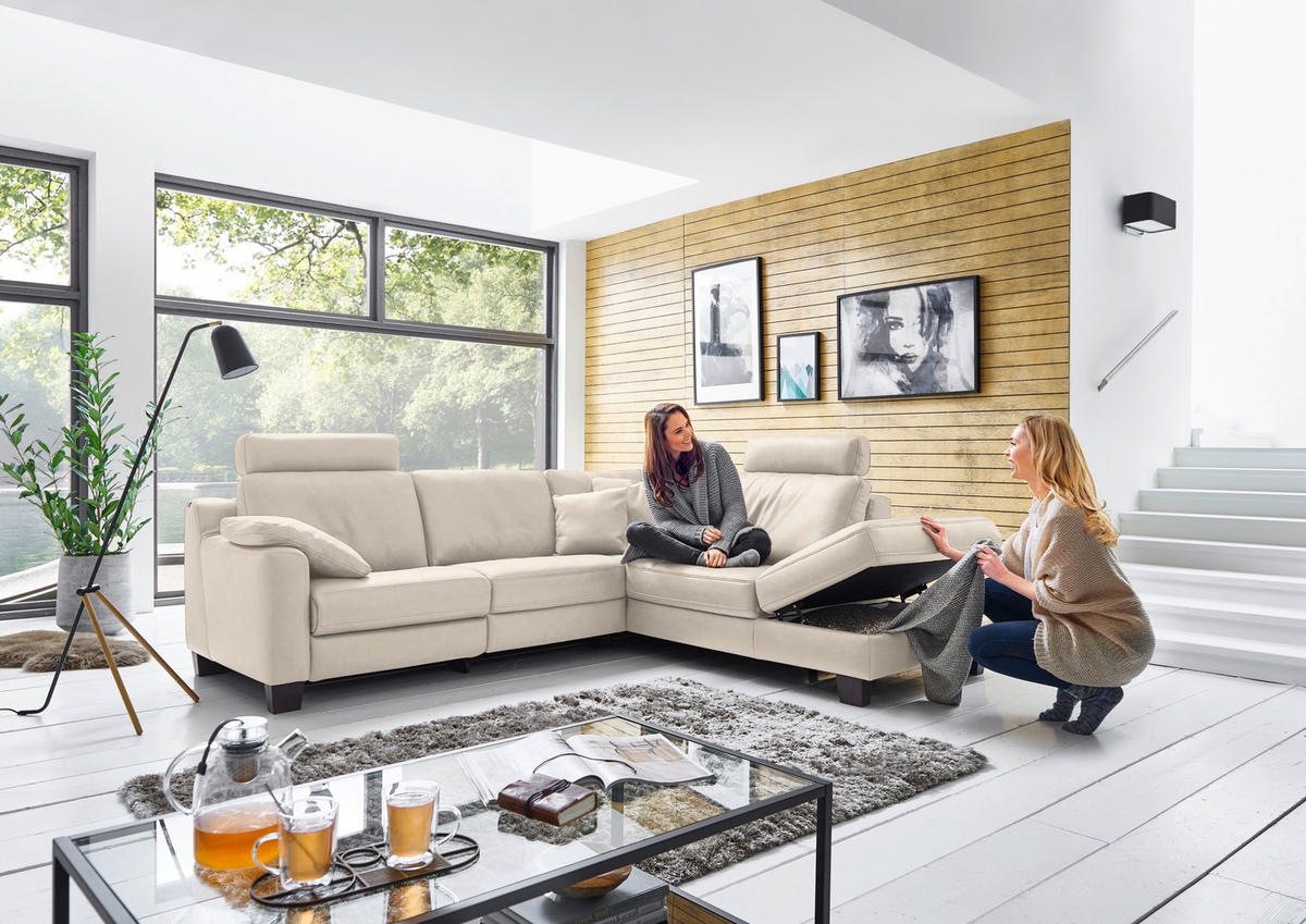 ECKSOFA in Echtleder Greige  - Greige/Eichefarben, Design, Leder/Holz (259/235cm) - Valdera