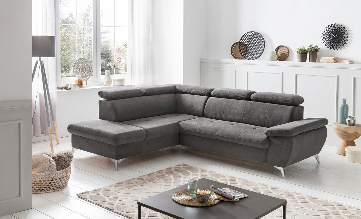 SEDEŽNA GARNITURA, šenilja siva  - barve kroma/siva, Konvencionalno, kovina/tekstil (209/83-99/256cm) - Welnova