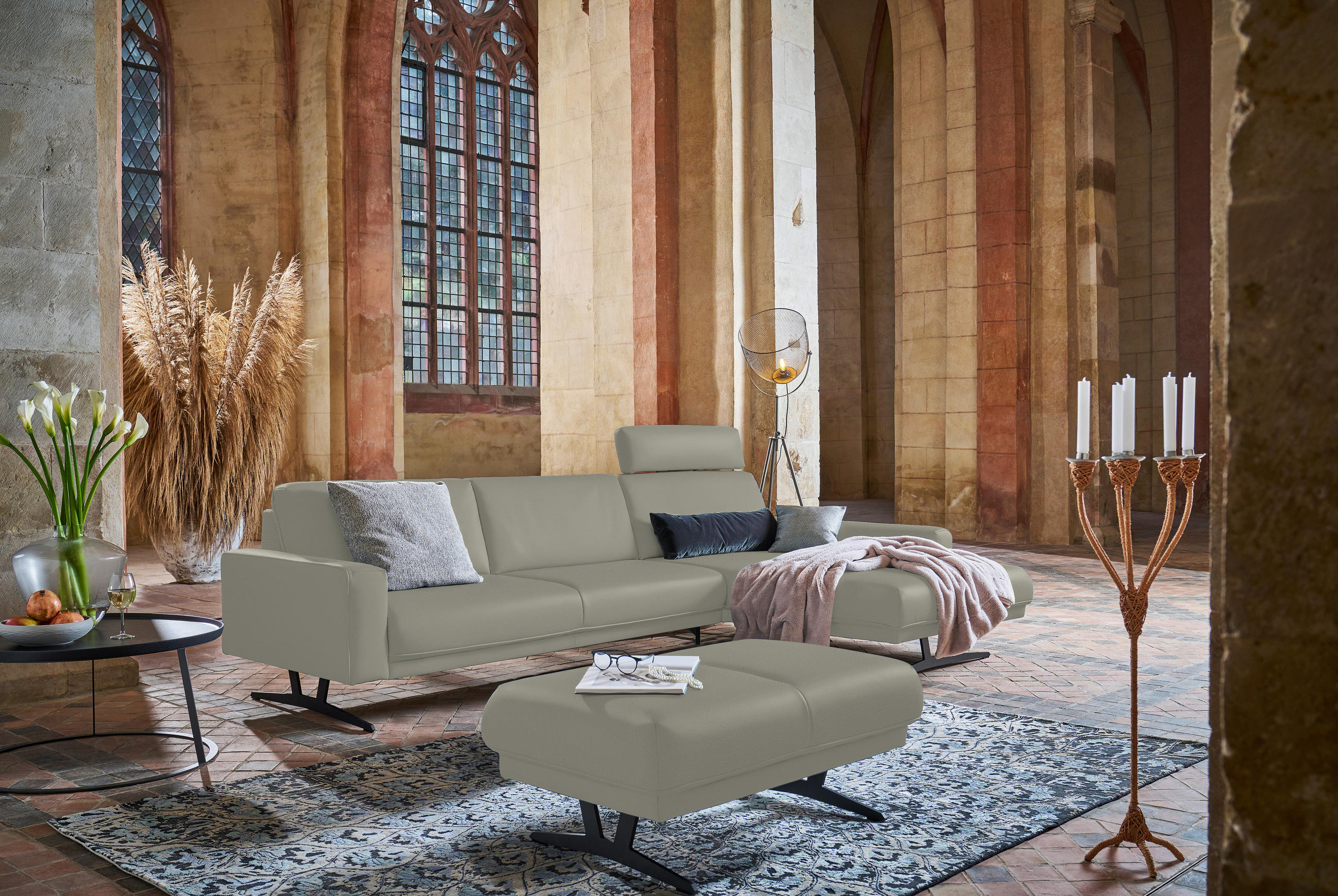 ECKSOFA in Echtleder Hellgrau  - Anthrazit/Hellgrau, Konventionell, Leder/Metall (324/179cm) - Johann Jakob