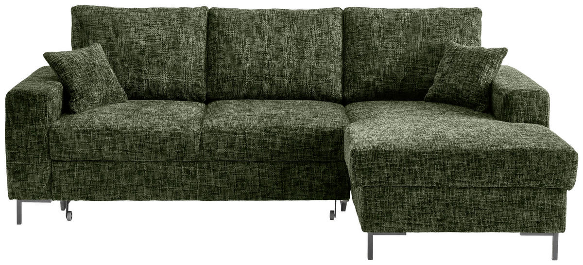 ECKSCHLAFSOFA  mit Rücken echt Struktur Dunkelgrün  - Dunkelgrün/Schwarz, KONVENTIONELL, Textil/Metall (237/143cm) - Livetastic