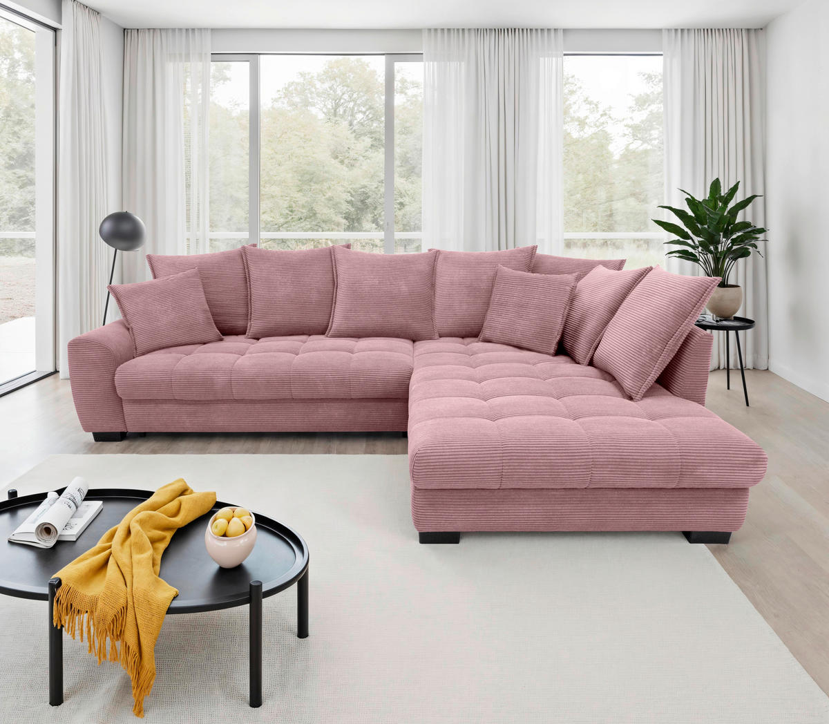 ECKSOFA Rosa Cord Rückenkissen, Armlehnenkissen, Bettkasten, Schlaffunktion, Rücken echt, Liegefläche im Originalstoff  - Schwarz/Rosa, KONVENTIONELL, Kunststoff/Textil (304/212cm) - Carryhome