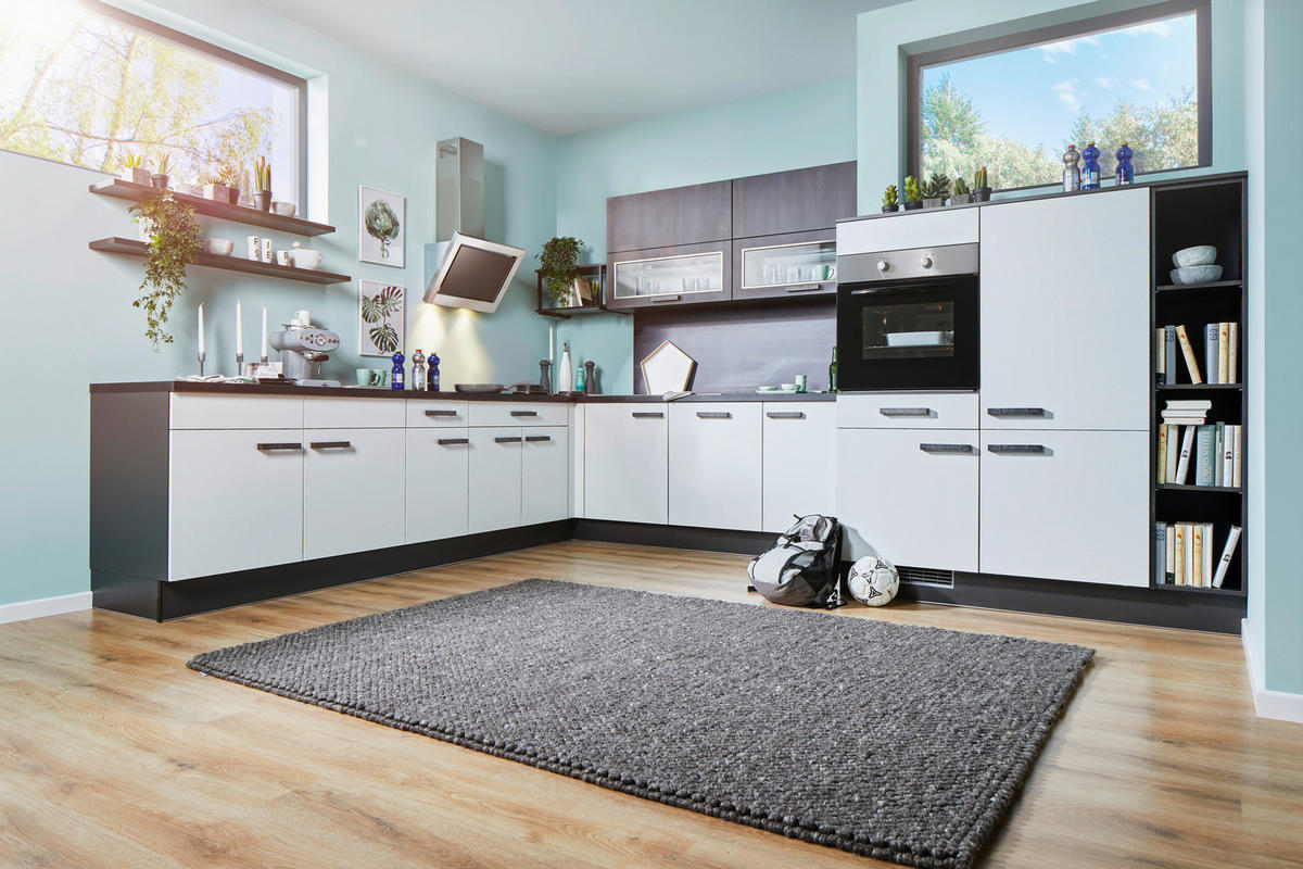 Bucătărie Pe Colț   - alb/grafit, Basics, material pe bază de lemn (320/245+150cm) - Venda