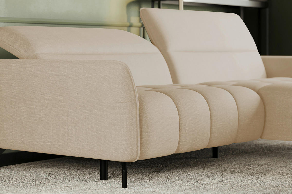 ECKSOFA Beige Flachgewebe Rücken echt, Kopfteilverstellung, Sitztiefenverstellung  - Beige/Schwarz, KONVENTIONELL, Textil/Metall (272/175cm) - Carryhome