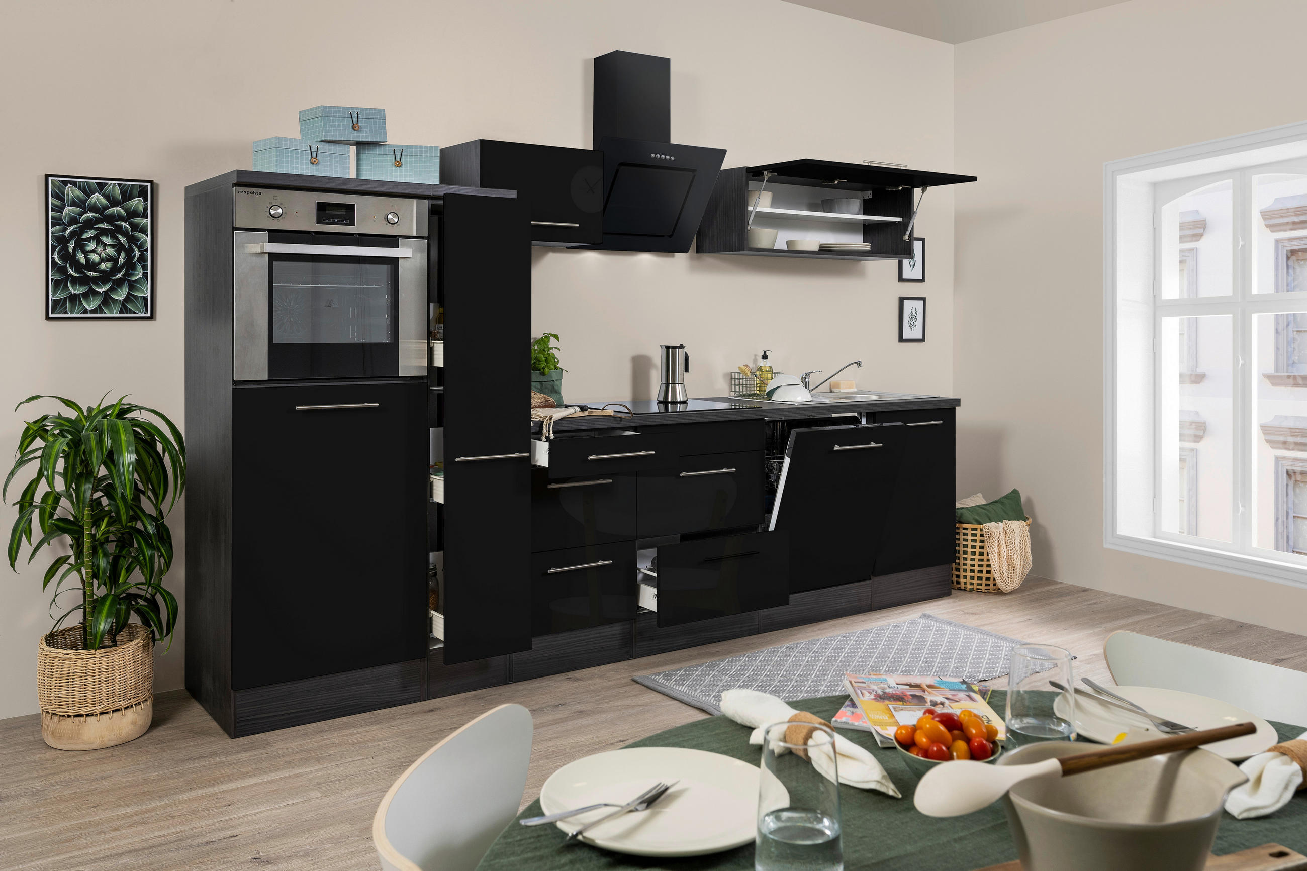 KÜCHENBLOCK 310 cm   in Schwarz, Eichefarben  - Edelstahlfarben/Eichefarben, Basics, Holzwerkstoff/Metall (310cm) - Respekta