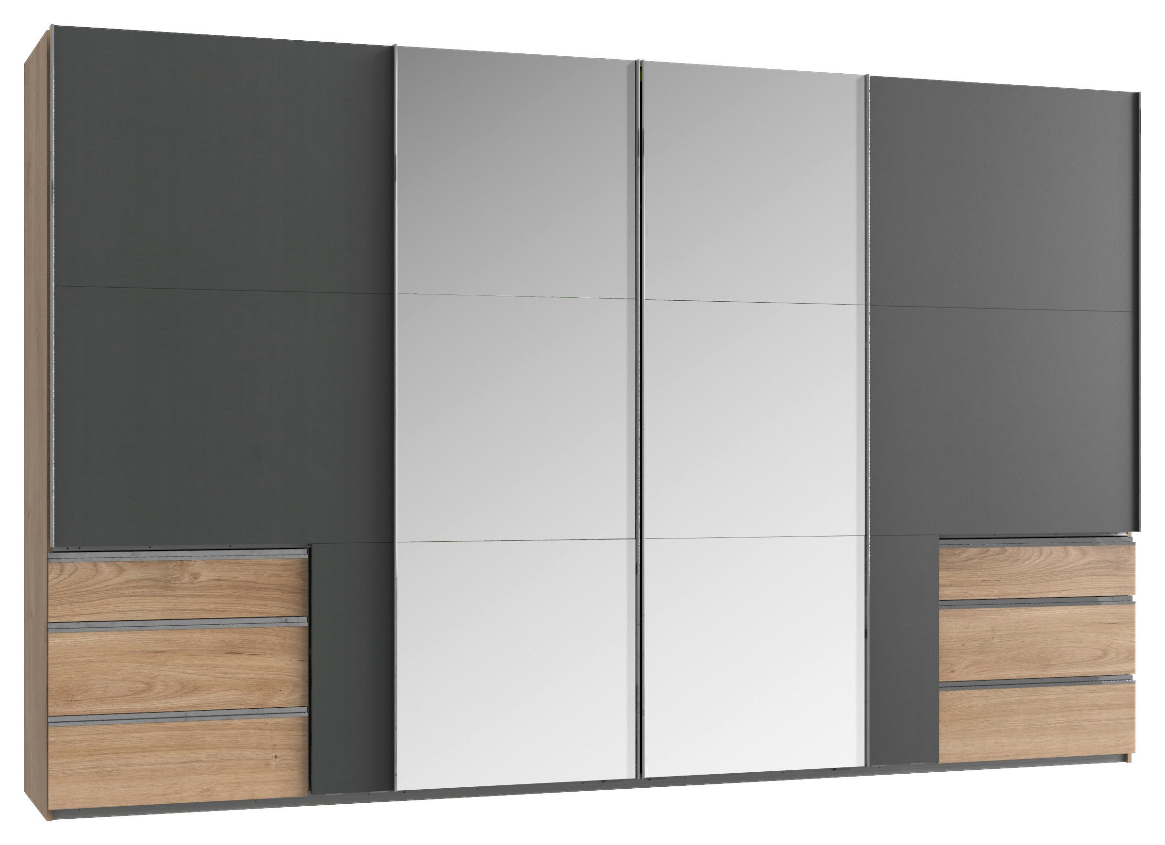SCHWEBETÜRENSCHRANK 350/216/65 cm,  in Graphitfarben, Eichefarben, 4 Tür(en)  - Chromfarben/Eichefarben, Basics, Glas/Holzwerkstoff (350/216/65cm) - MID.YOU