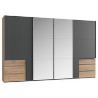 SCHWEBETÜRENSCHRANK 350/216/65 cm,  in Graphitfarben, Eichefarben, 4 Tür(en)  - Chromfarben/Eichefarben, Basics, Glas/Holzwerkstoff (350/216/65cm) - MID.YOU