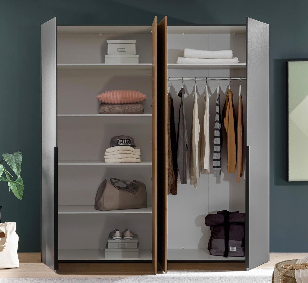 KLEIDERSCHRANK 200/210/53 cm 4-türig Graphitfarben, Eichefarben  - Eichefarben/Schwarz, KONVENTIONELL, Holzwerkstoff/Kunststoff (200/210/53cm) - Boxxx