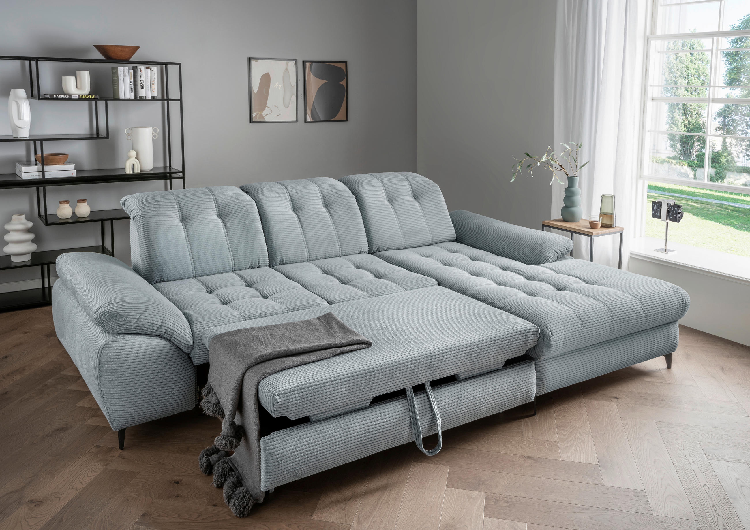 ECKSCHLAFSOFA in Cord Hellblau  - Schwarz/Hellblau, Modern, Textil/Metall (273/189cm) - Livetastic
