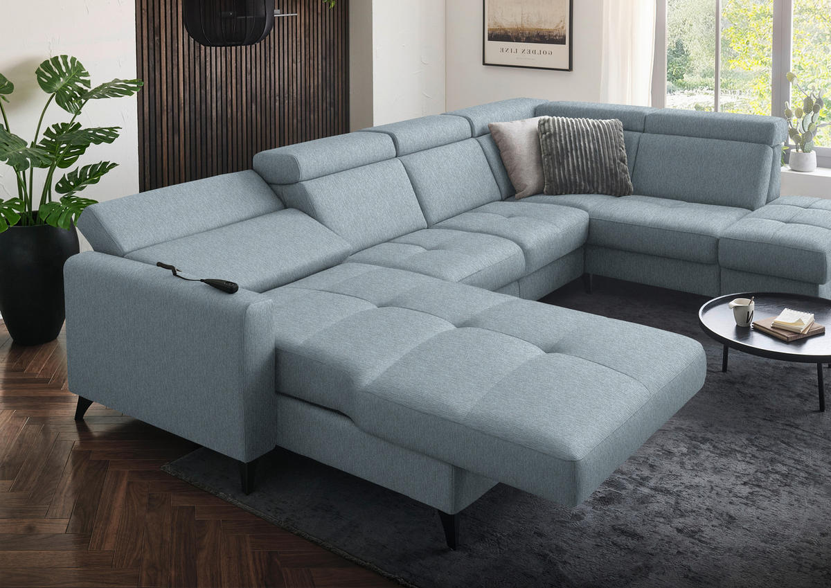 WOHNLANDSCHAFT Flachgewebe Hellblau  - Schwarz/Hellblau, Konventionell, Textil/Metall (174/333/215cm) - Beldomo System