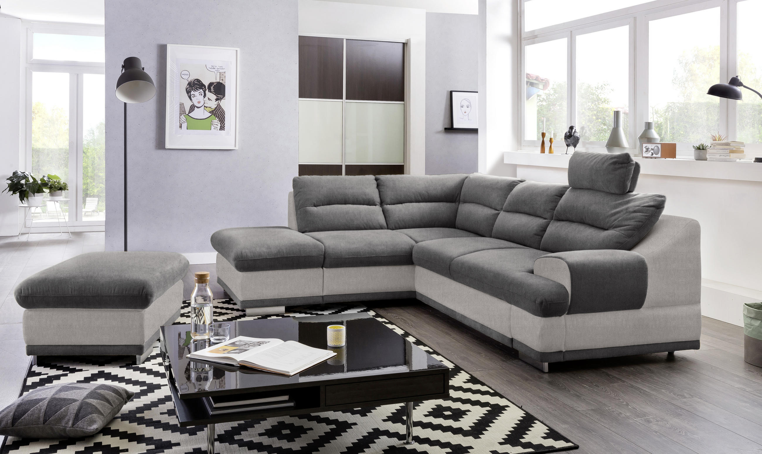 ECKSOFA Anthrazit, Hellgrau Velours  - Chromfarben/Beige, KONVENTIONELL, Textil/Metall (217/264cm) - MID.YOU