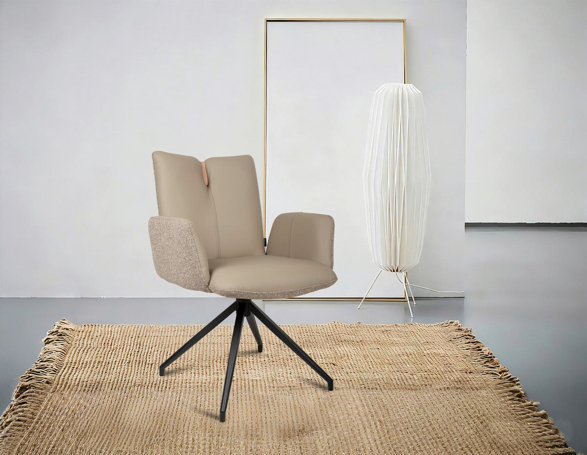 ARMLEHNSTUHL  Sitzfläche 360° drehbar, automatische Rückholfunktion Bouclé Echtleder  - Beige/Schwarz, Design, Leder/Holz (62/87/63cm) - Valnatura