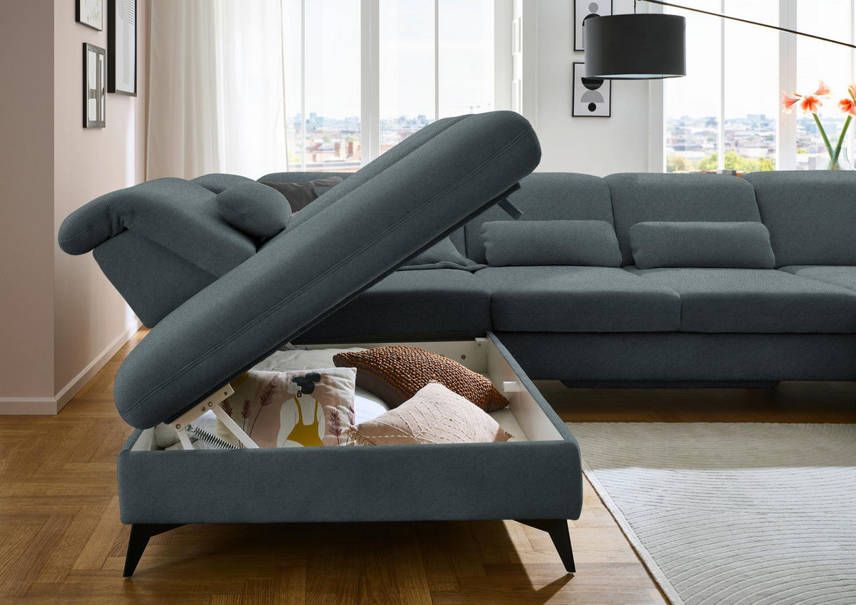 WOHNLANDSCHAFT  in Chenille Blau  - Blau/Schwarz, Design, Textil/Metall (255/369/198cm) - Beldomo Style