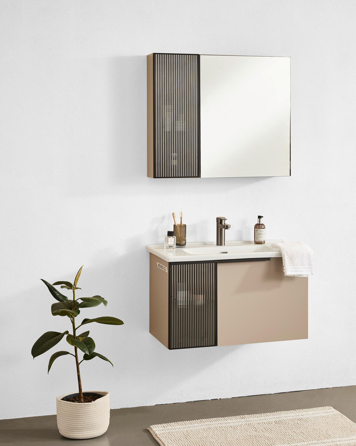 BADEZIMMER 3-teilig  in  - Weiß Hochglanz/Beige, MODERN, Glas/Holz (80/114/45cm) - MID.YOU