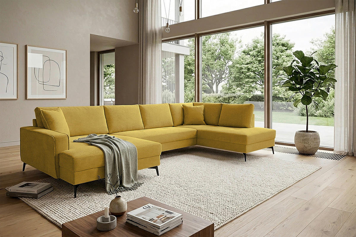 WOHNLANDSCHAFT ZERO Senfgelb Cord  - Senfgelb/Schwarz, Trend, Textil/Metall (173/362/195cm) - Livetastic