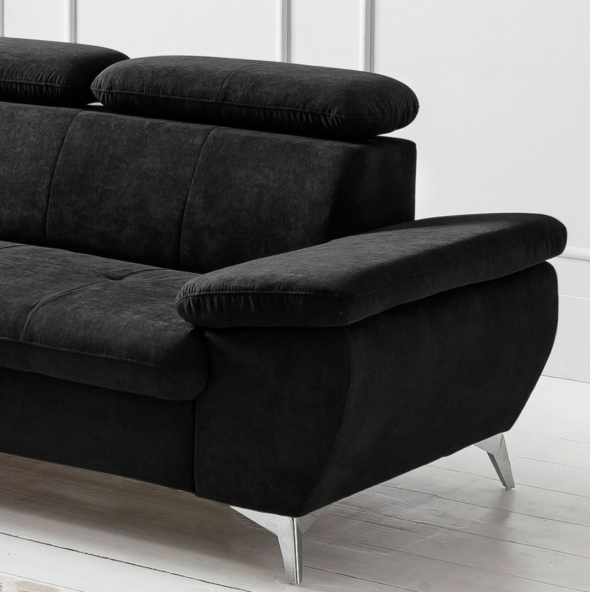 ECKSOFA Schwarz Mikrofaser  - Chromfarben/Schwarz, KONVENTIONELL, Textil/Metall (209/256cm) - Livetastic