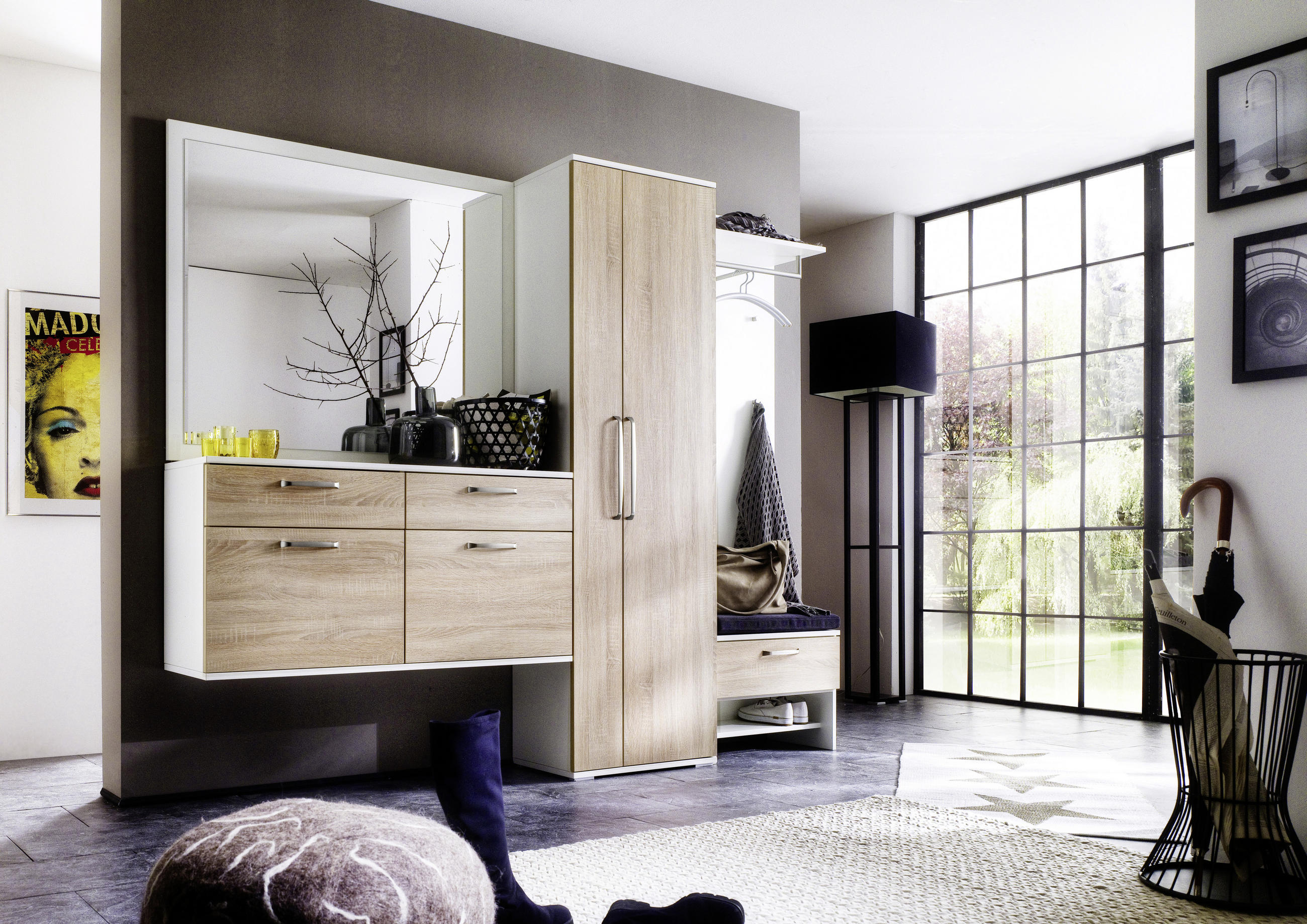 GARDEROBE 6-teilig  in 242/201/36 cm  - Eichefarben/Weiß, Design, Glas/Holzwerkstoff (242/201/36cm) - Moderano