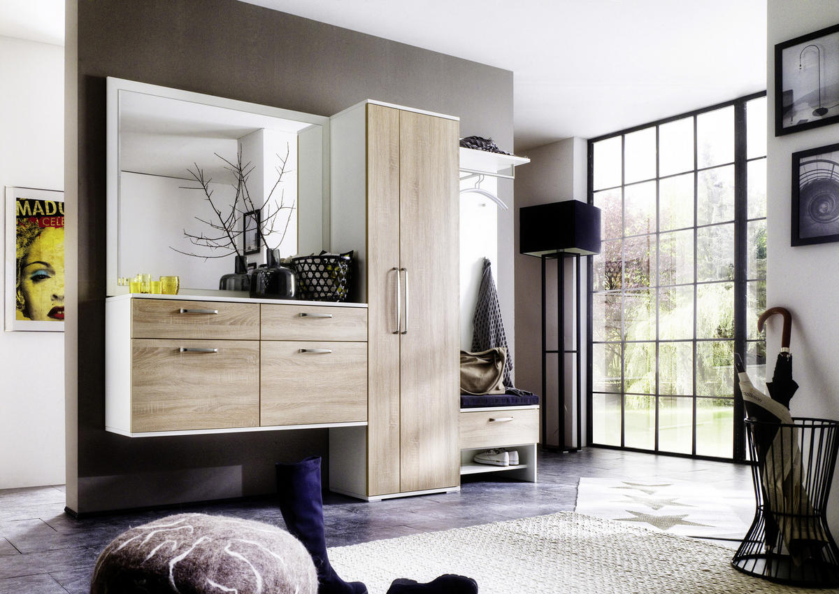 GARDEROBE 6-teilig  in 242/201/36 cm  - Weiss/Eichefarben, Design, Glas/Holzwerkstoff (242/201/36cm) - Moderano
