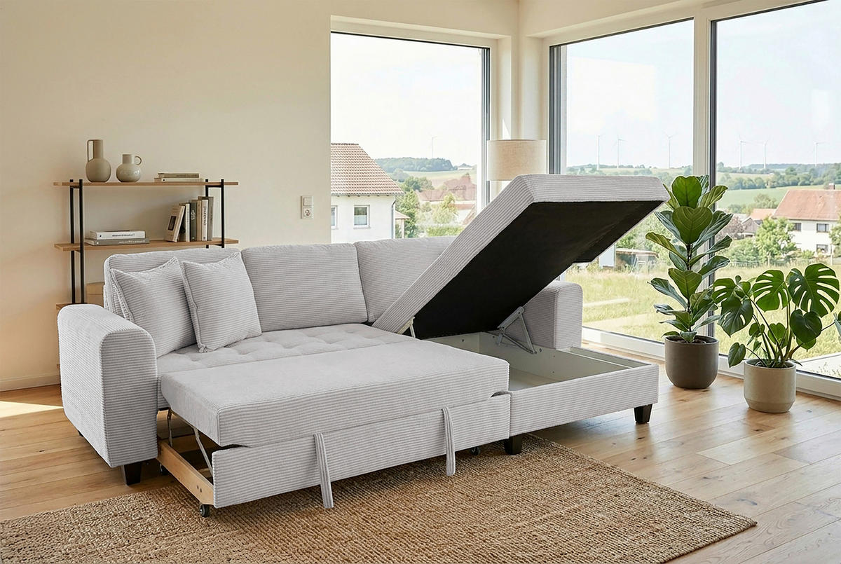 ECKSOFA MORITZ Hellgrau Cord Zierkissen, Bettkasten  - Hellgrau, Trend, Textil (265/155cm) - P & B
