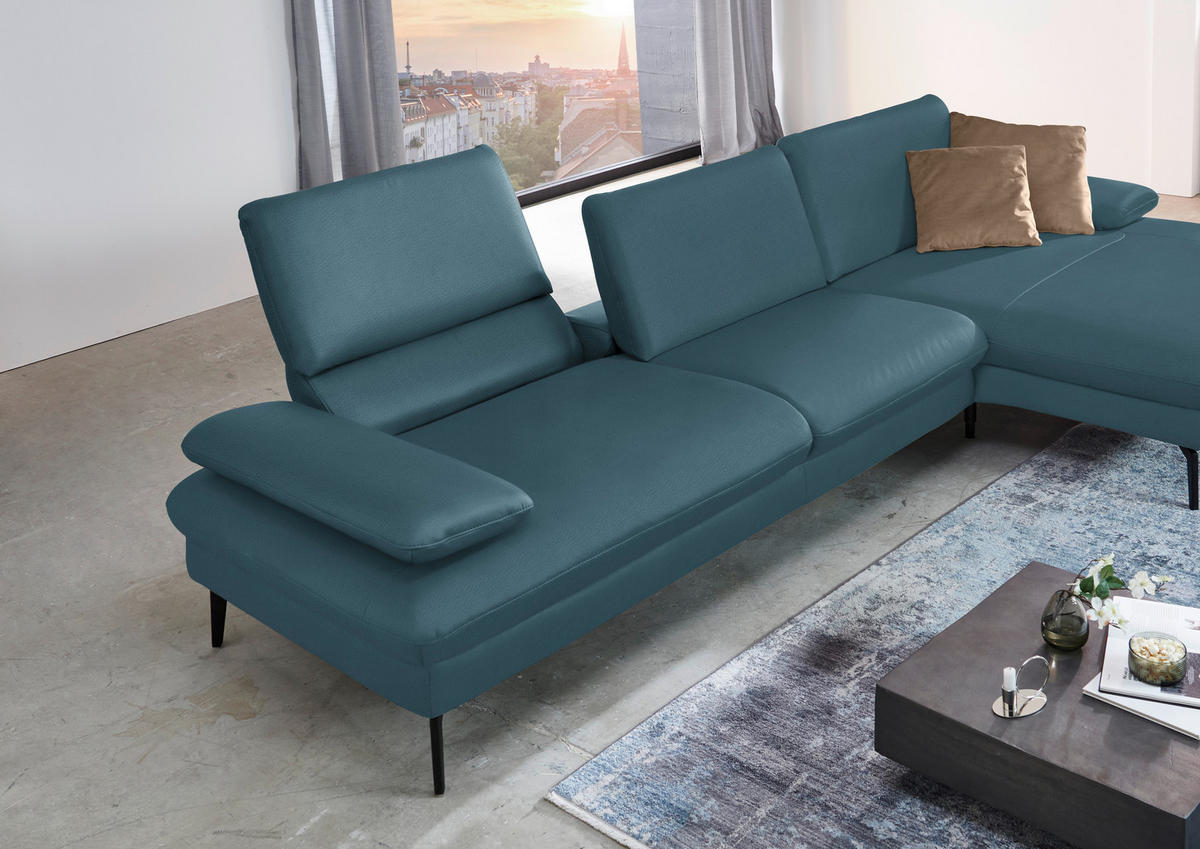 ECKSOFA in Echtleder Blau  - Blau/Schwarz, Design, Leder/Metall (325/157cm) - Dieter Knoll