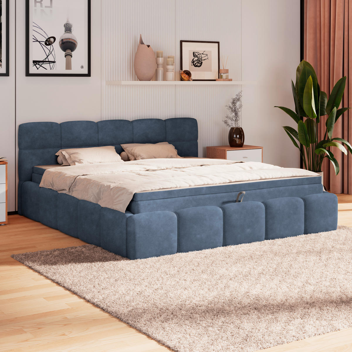 POLSTERBETT 160/200 cm,  in Blau, Matratze, Bettkasten, H3 = fest  - Blau/Schwarz, Trend, Kunststoff/Textil (160/200cm)