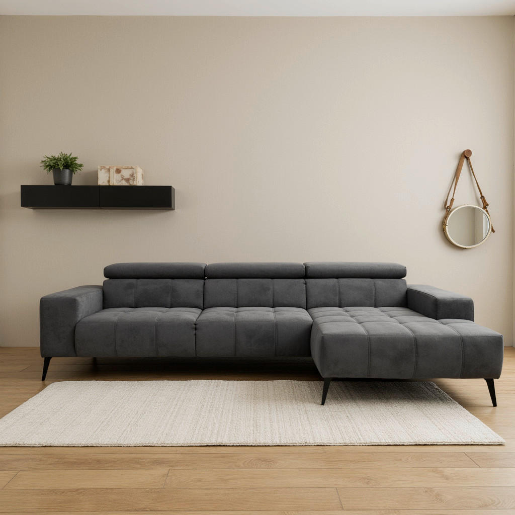 ECKSOFA TRENTO Dunkelgrau Mikrofaser  - Dunkelgrau/Schwarz, MODERN, Textil/Metall (287/175cm) - MID.YOU