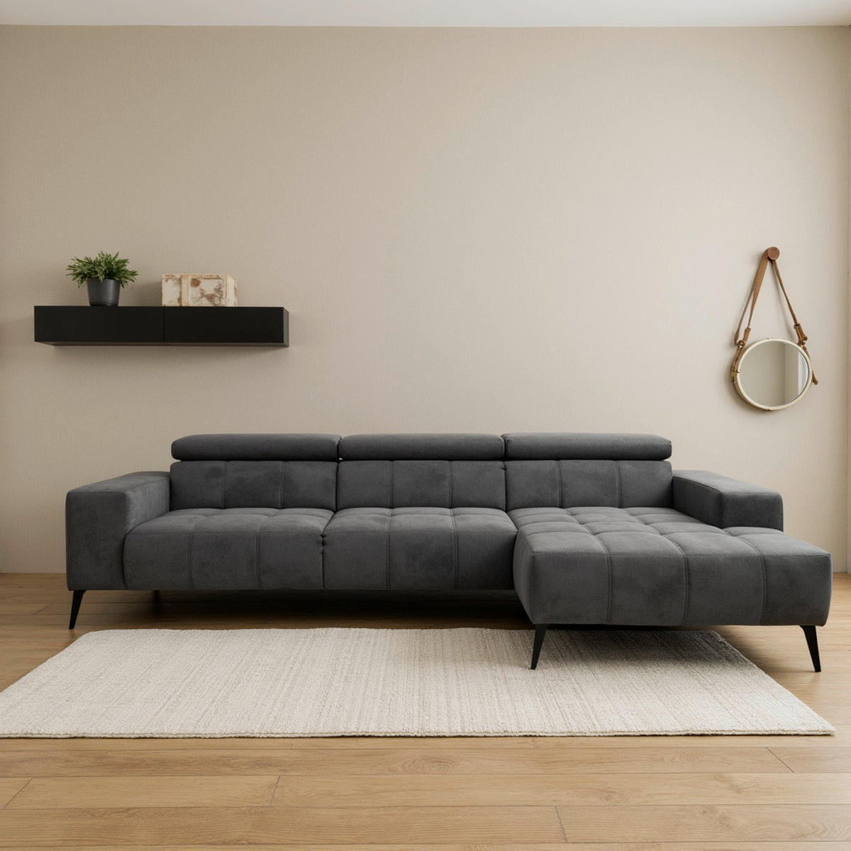 ECKSOFA TRENTO Dunkelgrau Mikrofaser  - Dunkelgrau/Schwarz, MODERN, Textil/Metall (287/175cm) - MID.YOU