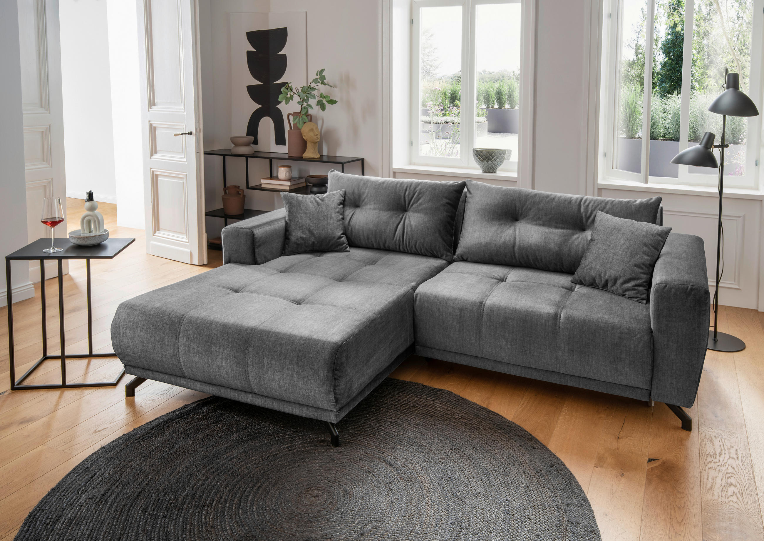 ECKSOFA in Velours Dunkelgrau  - Dunkelgrau/Schwarz, Modern, Textil/Metall (177/246cm) - MID.YOU