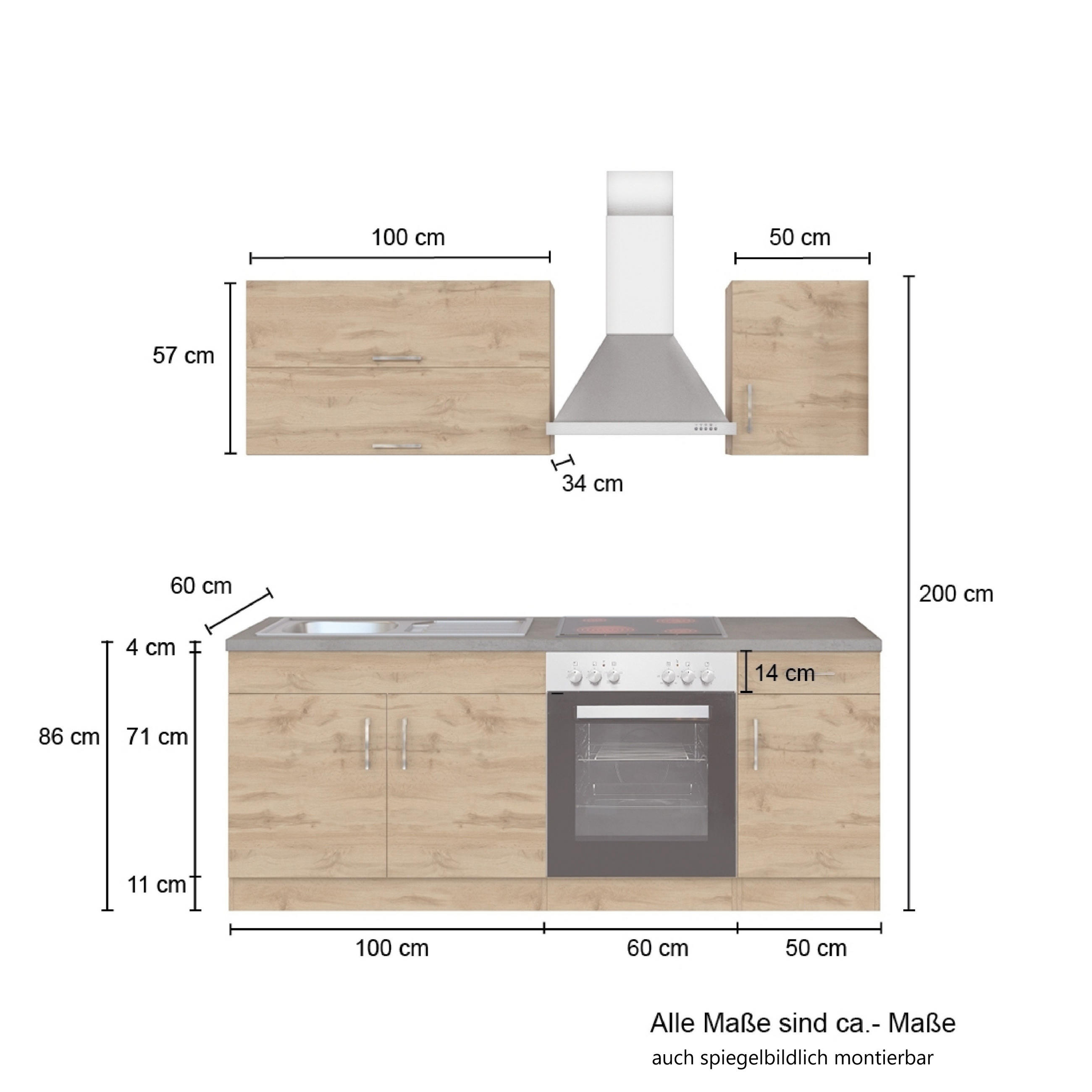 KÜCHENBLOCK in Graphitfarben, Eichefarben - Chromfarben/Eichefarben, MODERN, Metall (210/200/60cm) - Held