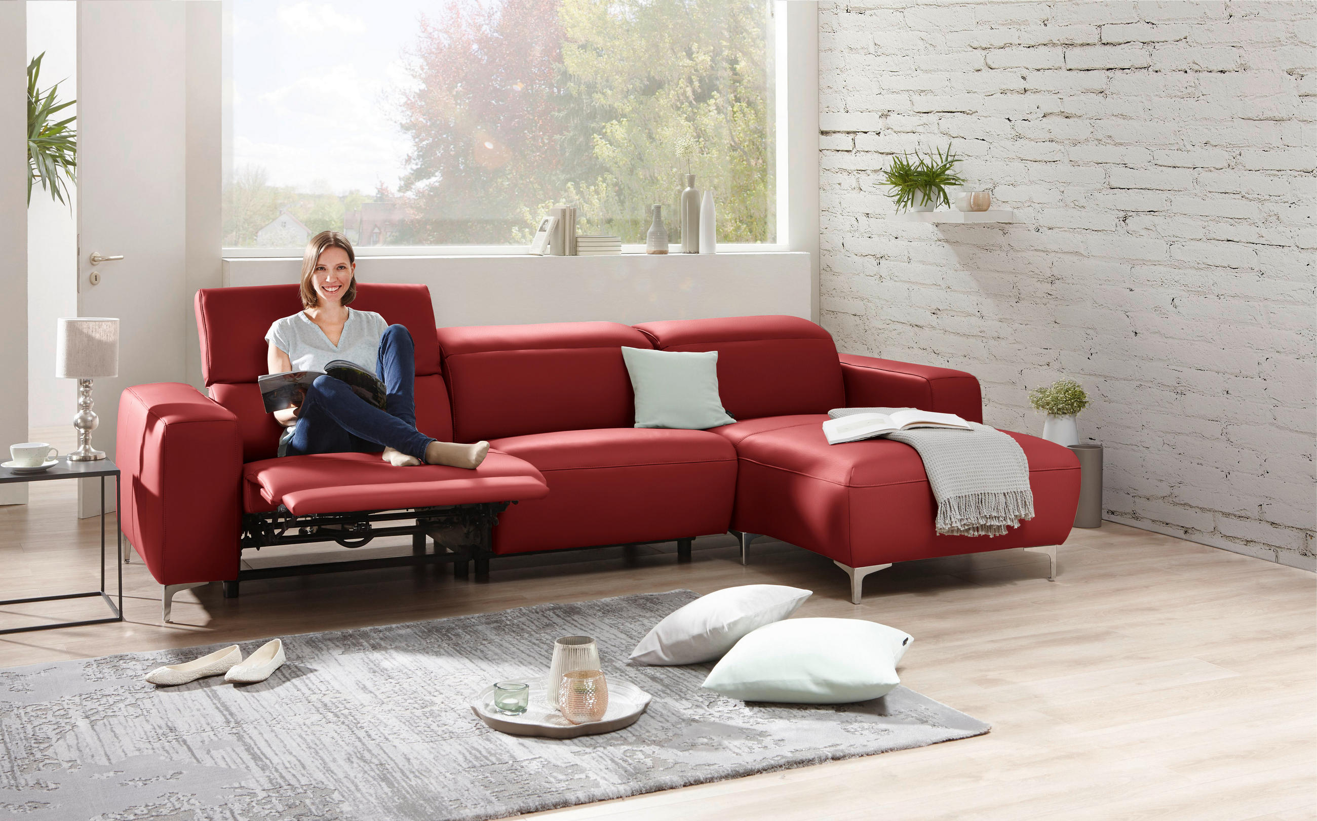 ECKSOFA Rot Echtleder  - Chromfarben/Rot, Design, Leder/Metall (292/177cm) - Pure Home Lifestyle