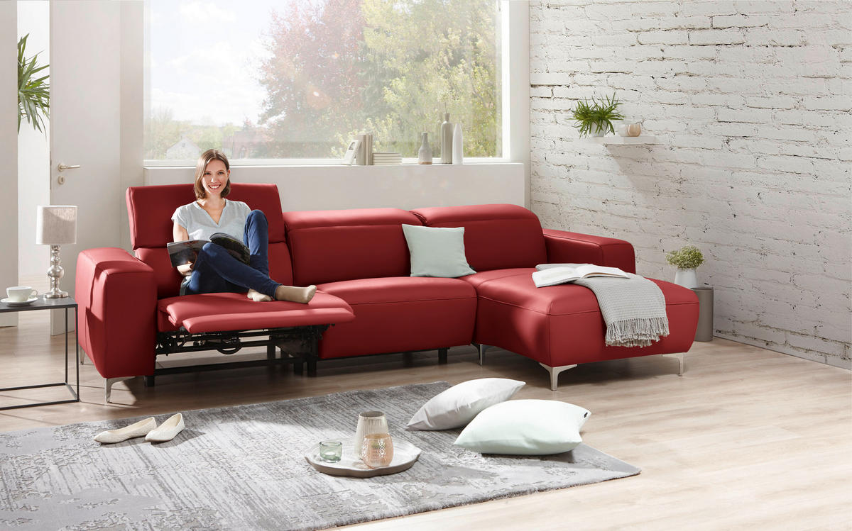 ECKSOFA in Echtleder Rot  - Chromfarben/Rot, Design, Leder/Metall (292/177cm) - Pure Home Lifestyle