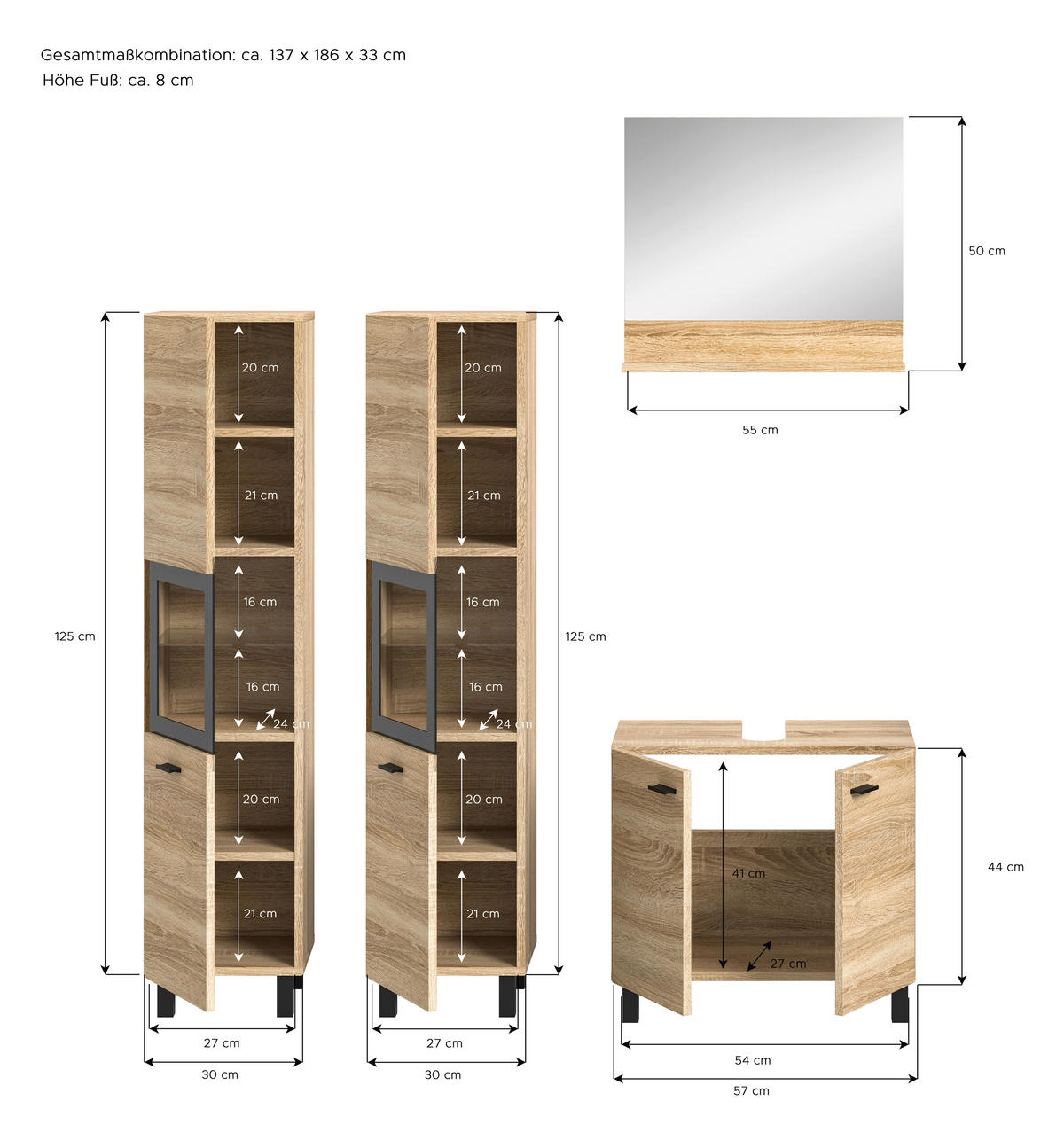BADEZIMMER 4-teilig  in 117 cm  - Schwarz/Sonoma Eiche, MODERN, Glas/Holzwerkstoff (117cm) - MID.YOU